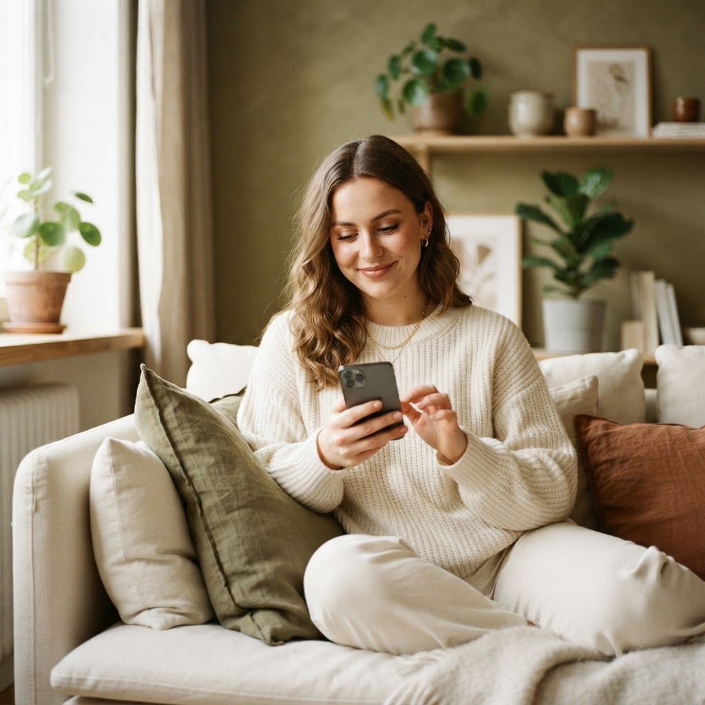 En brugertester tester en hjemmeside afslappet hjemme fra sofaen